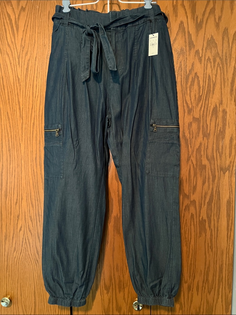 Express Women's Navy Cargo Jogger Pants with Tie Waist